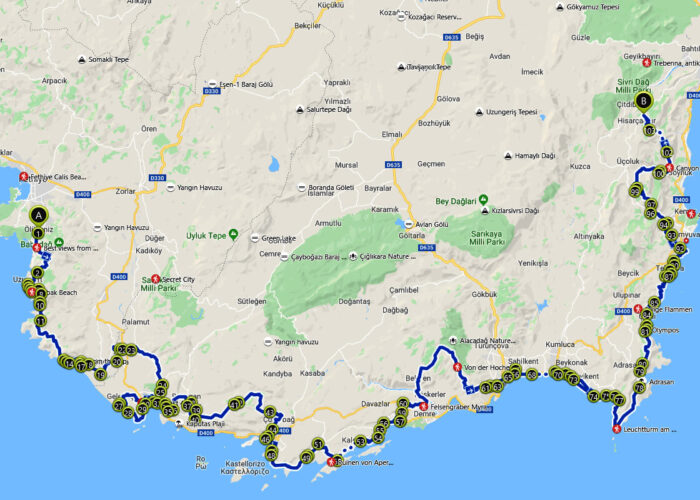 Lycian Way All Stages - Lycian Way Map-Likya Yolu Haritası