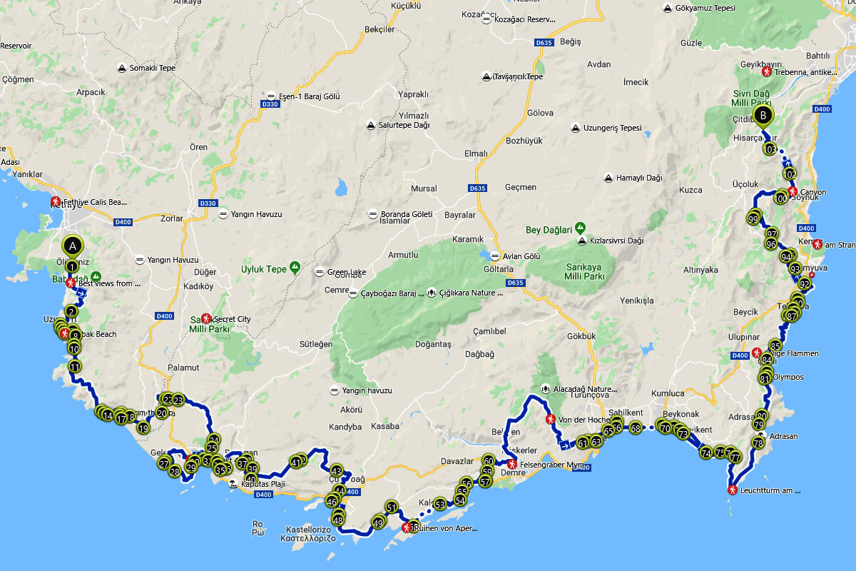 Lycian Way All Stages - Lycian Way Map-Likya Yolu Haritası