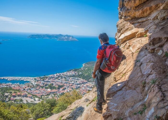 Panoramic mountain scenery on the Lycian Way hiking route in Turkey.
